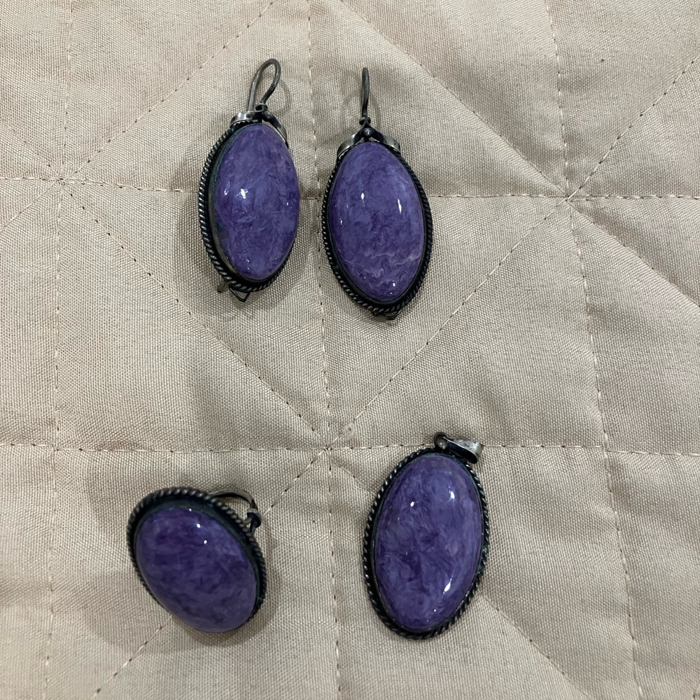 Charoite Jewerly set: Ring, Pendant and Earrings